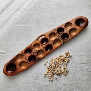 Mancala Board Game Brown Wood Hand Carved Floral Cowrie Shells Handmade Wooden